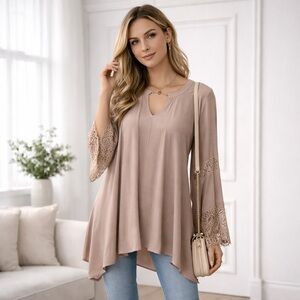 Bell Sleeve Beige Lace Trimmed Top Keyhole Neckline, Size M